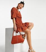 Thumbnail for your product : ASOS Petite ASOS DESIGN Petite wrap front mini tea dress with puffed sleeves in rust spot