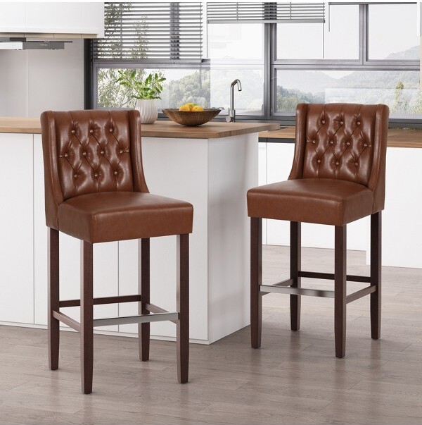 GDFStudioYlviMid-CenturyModernRubberwoodUpholsteredTuftedBarStools(Setof2)LightBrown