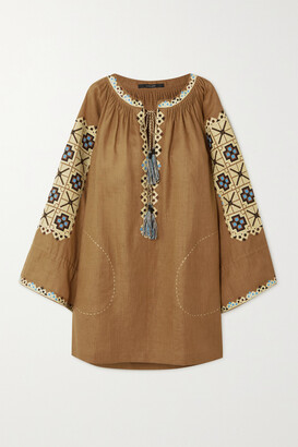 Vita Kin Tasseled Embroidered Linen Tunic - Light brown - x small