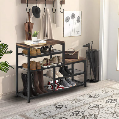 Shoe Rack Bench Shoe Storage Organizer With Seat, 5-Tier Industrial Free Standing Shoe Rack For Entryway, Narrow Shoe Rack Organizer Shelves For High