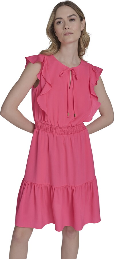 Falling Flowers Women’s Smocked Fit & Flare With Ruffle Details Short Dress, Sizes XS-XL