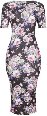 PrettyLittleThing Black Floral Print Tie Back Short Sleeve Midi Dress
