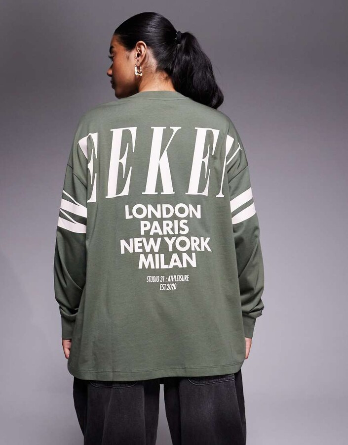 ASOS Weekend Collective Weekend Collective Icon oversized long sleeve T-shirt with stacked back logo in khaki