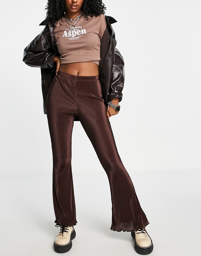 Topshop plisse flared trouser in chocolate - ShopStyle
