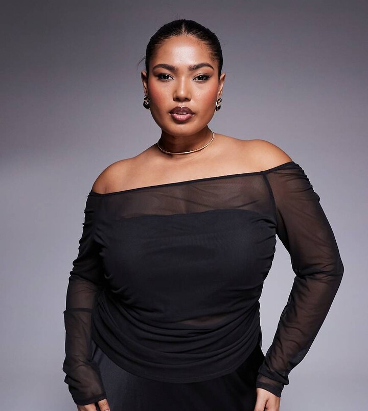 ASOS Curve ASOS DESIGN Curve gathered off the shoulder mesh top in black