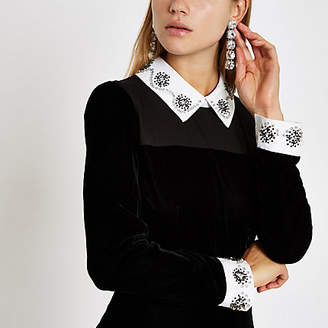 River Island Womens Black velvet embellished collar mini dress