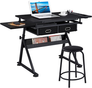 17 Stories Emilee-Rose Height Adjustable Drafting Table with Stool