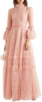 Thumbnail for your product : Costarellos Velvet-trimmed Ruffled Lace Gown
