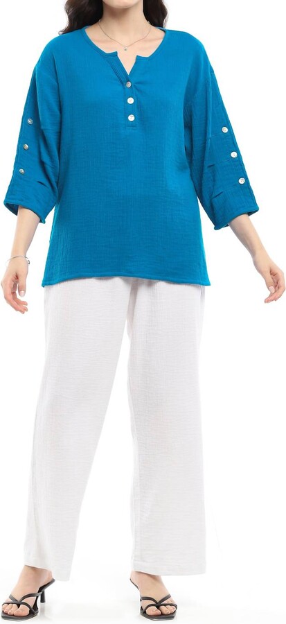 Parsley & Sage Shawn Three Quarter Sleeve Top In Island Blue
