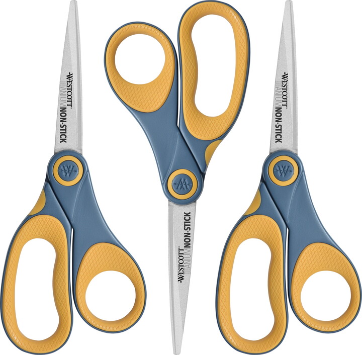 Westcott 8-Inch Titanium Non-Stick Straight Scissors, Yellow, 3-Pack