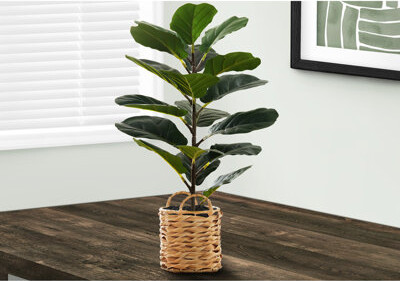 28" Tall Fiddle Tree Artificial Indoor, Greenery With Lifelike Leaves In Beige Woven Tub Indoor Artificial, Real Touch Vase