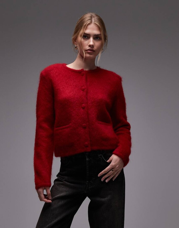 And other stories & mohair and wool blend crew neck short button down fitted cardigan in red