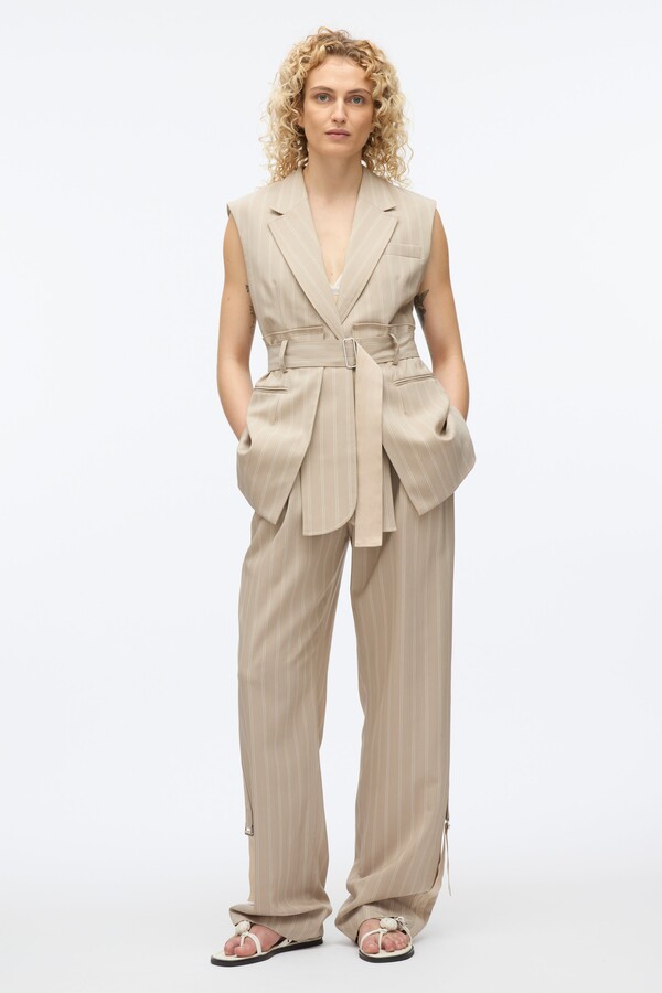 Fluid Pinstripe Belted Blazer Vest in FAWN