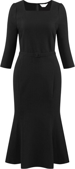 HobemtyWomen'sElgantFishtailSquareNeckBelted3/4SleeveWorkMermaidDressBlackLarge