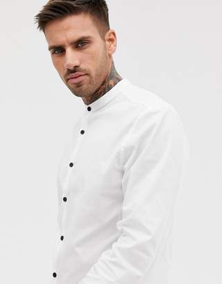 ASOS DESIGN slim shirt in white with grandad collar and contrast buttons