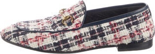 Gucci Tweed Loafers White Tweed Pattern Horsebit Accent Leather Trim Round-Toes with Leather Trim Embellishment Designer