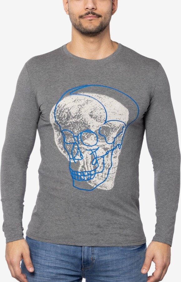 Spring+Mercer Men's Outlined Skull Rhinestone Graphic Long Sleeves T-Shirts