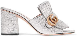 Gucci Marmont Fringed Logo-embellished Metallic Cracked-leather Mules