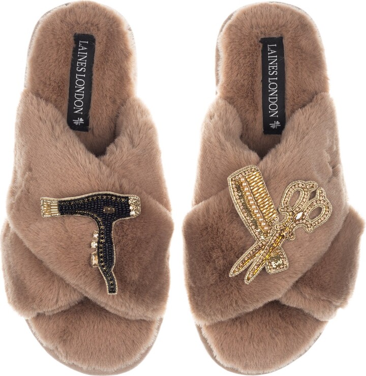 Laines London Brown / Neutrals Classic Laines Slippers With Hairdresser Brooches - Toffee