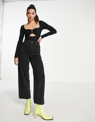 ASOS DESIGN bodysuit with long sleeves and asymmetric neckline in black