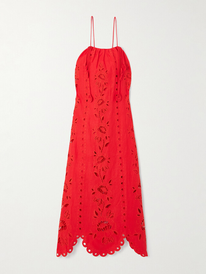 Farm Rio Embellished Broderie Anglaise Linen-blend Midi Dress - Red
