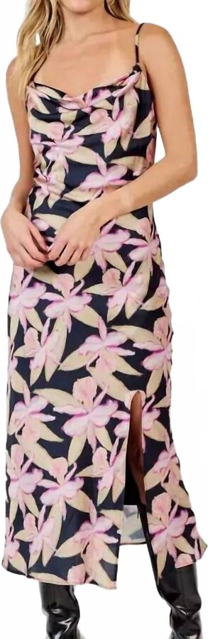 Sadie & Sage Candlelight Cowl Neck Midi Dress With Slit In Black Multi