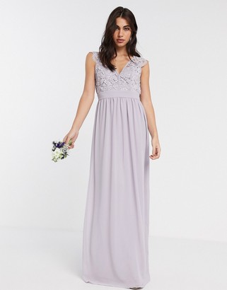 TFNC Bridesmaid lace plunge maxi dress with scalloped back in grey