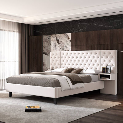 Queen Size Platform Bed with Headboard, Modern Velvet Upholstered Platform Bed with No Nightstands, with diamond tufted