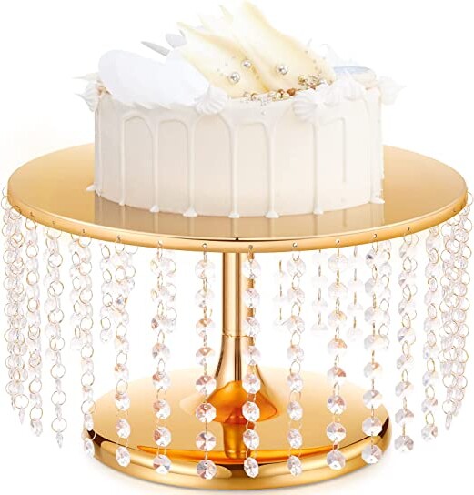 14 Inch Crystal Pendants Cake Display Plate Gold Metal Chandelier Cupcake Stand Round Pedestal Dessert Display Holder with Hanging Acrylic Beads for Wedding Birthday New Year Event Supplies (14 Inch)