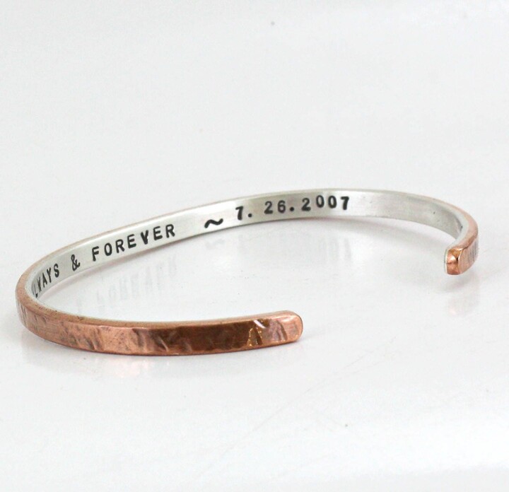 Etsy Couple's Bracelet -Thin Cuff - Personalized Sterling Silver & Copper Bangle Bracelet- Anniversary Gift