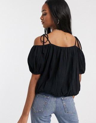 ASOS DESIGN cold shoulder top with puff sleeve in black - ShopStyle