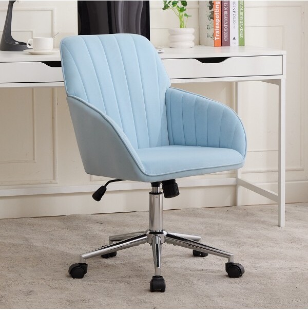 LynginsAdjustableErgonomicSwivelHomeOfficeChairwithSilverBaseandWheelsforWorkStudyVanityBlue