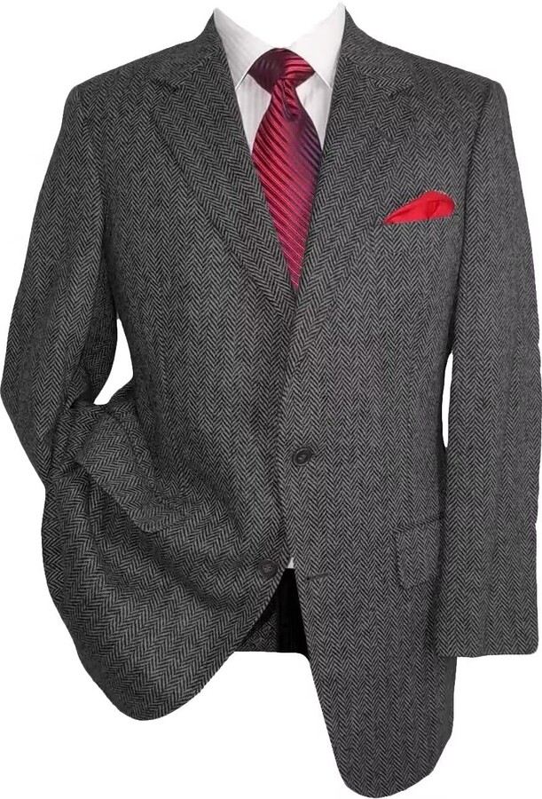 HUUTOE Men Vintage Herringbone Tweed Blazer Jacket Dark Grey Blazer Men Cheap 2 Button Blazer