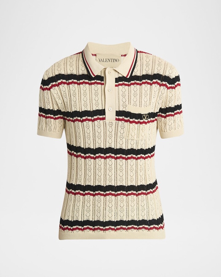 Valentino Garavani Men's Stripe Cotton Eyelet VLogo-Pocket Polo Shirt
