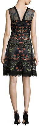 Elie Tahari Maritza Sleeveless Floral-Embroidered Satin Dress, Black Multi