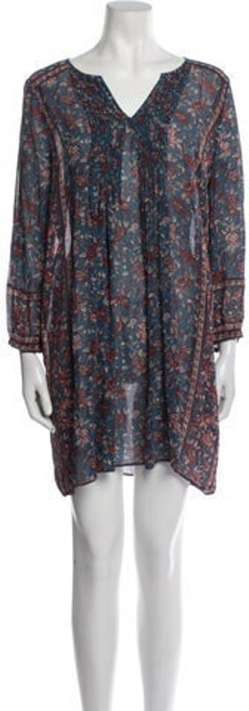 Joie Tent Dress Blue & Red Floral Print Three-Quarter Sleeve with V-Neck Button Closure at Front Designer