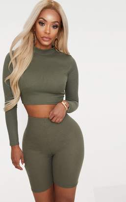 PrettyLittleThing Shape Khaki Ribbed High Neck Crop Top