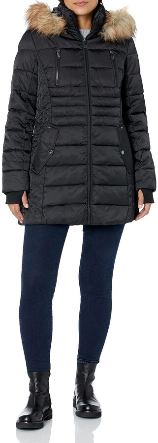 HFX Women's 3/4 Puffer Jacket with Faux Fur Trimmed Hood and Cinched Waist  Water Resistant - ShopStyle