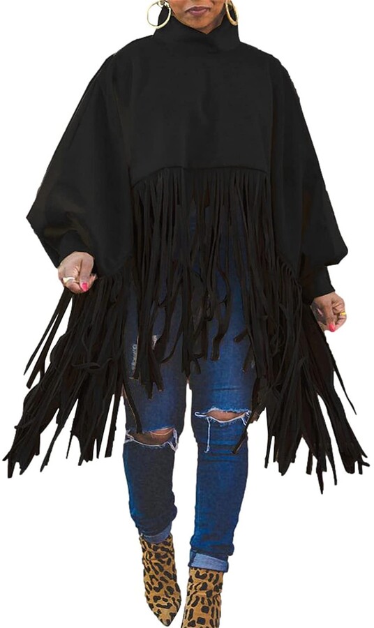 Womens Fashion Croissant Button Bohemian Fringe Blended Cashmere Hooded Cape
