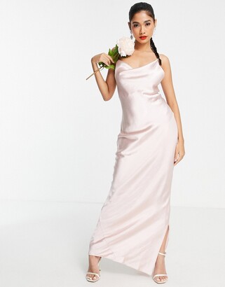ASOS DESIGN Bridesmaid cami maxi slip dress in hi- shine satin with lace-up back in blush
