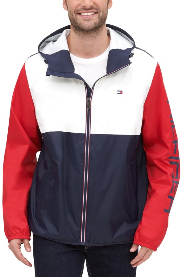 tommy hilfiger men's colorblocked logo rain slicker