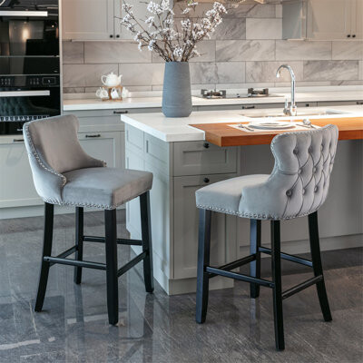 Mercer41 Set of 2 Contemporary Velvet Wing-Back Bar Stools - Mid-Century Modern Design with Button Tufting Chrome Nailhead Trim & Solid Wood Legs Plush High-