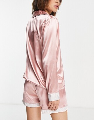 NIGHT bridesmaid satin pyjamas with contrast cuff in pink and ivory