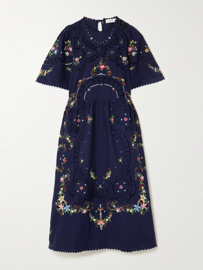 Sea Edwina Floral Lace-trimmed Embroidered Cotton Midi Dress - Blue