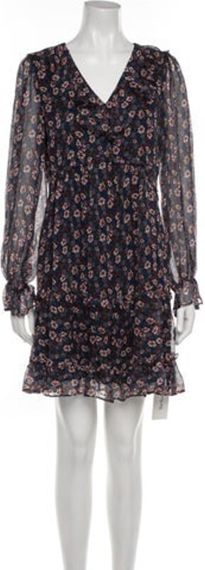 Joie Silk Shift Dress Black Floral Print Ruffle Embellishment Long Sleeve with V-Neck Concealed Zip Closure at Side Designer