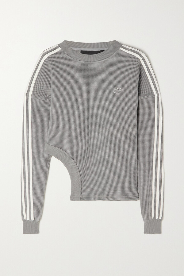 adidas Asymmetric Striped Waffle-knit Cotton-blend Sweatshirt
