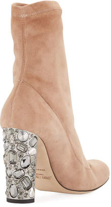Jimmy Choo Maine Stretch Suede Booties with Crystal Heel