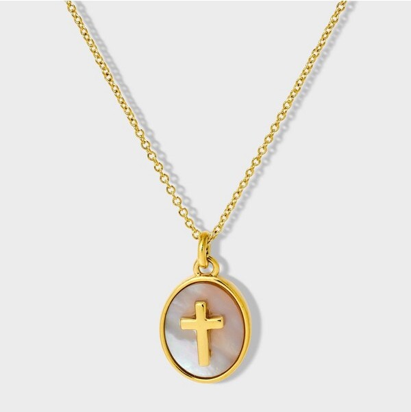 TinyTags14KGoldIonPlatedwithMotherofPearlInlayCrossPendantNecklace-Gold