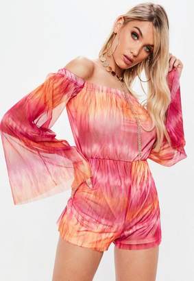 Missguided Tall Pink Mesh Flare Long Sleeve Bardot Playsuit, Pink