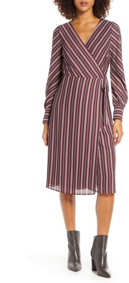 Chelsea28 Striped Long Sleeve Wrap Midi Dress - ShopStyle